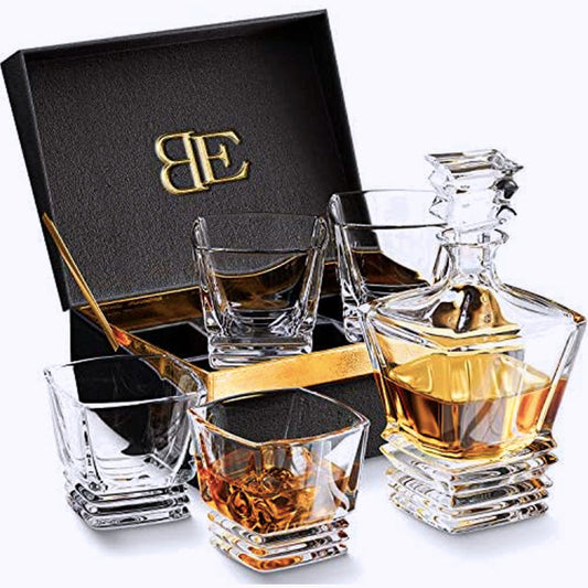 Whiskey Decanter Glass Set with 4 Tumbler Highball Glasses for Scotch, Bourbon or Whiskey